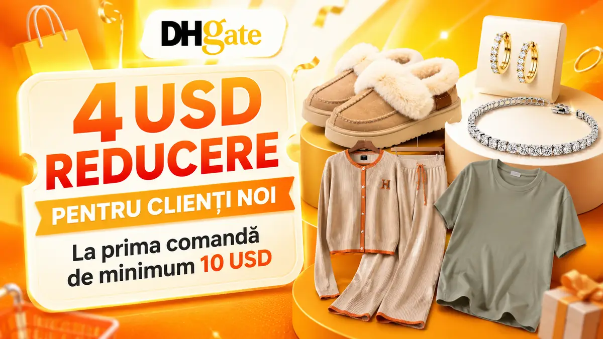 Ofertă DHGate cu 4 USD reducere pentru clienți noi, alături de haine, papuci și bijuterii.