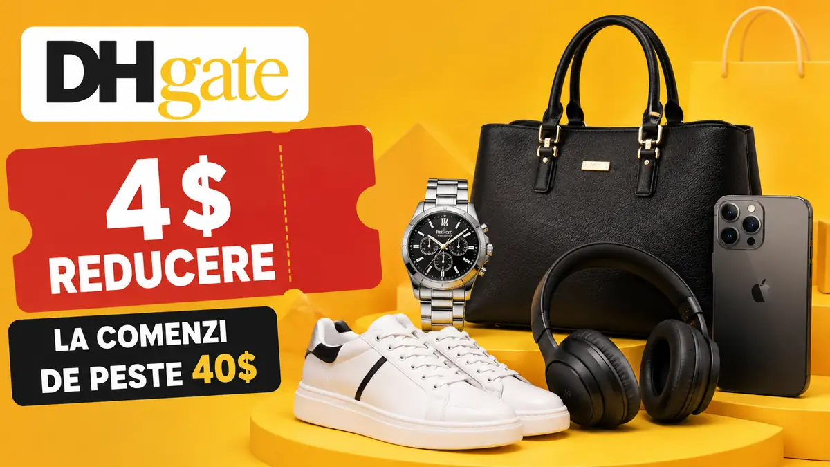 Ofertă DHgate cu 4$ reducere la comenzi peste 40$, alături de geantă, ceas, telefon, căști și pantofi.