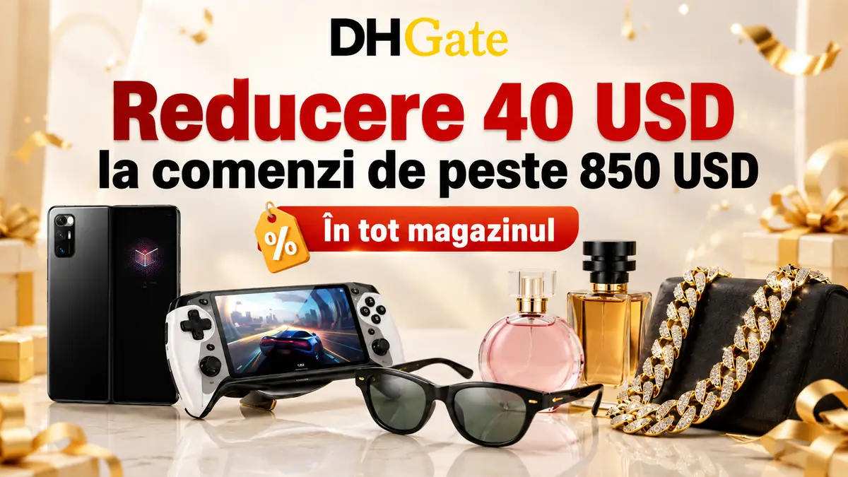 Ofertă DHGate cu reducere de 40 USD, prezentată alături de telefon, consolă portabilă, parfumuri, ochelari și bijuterii.