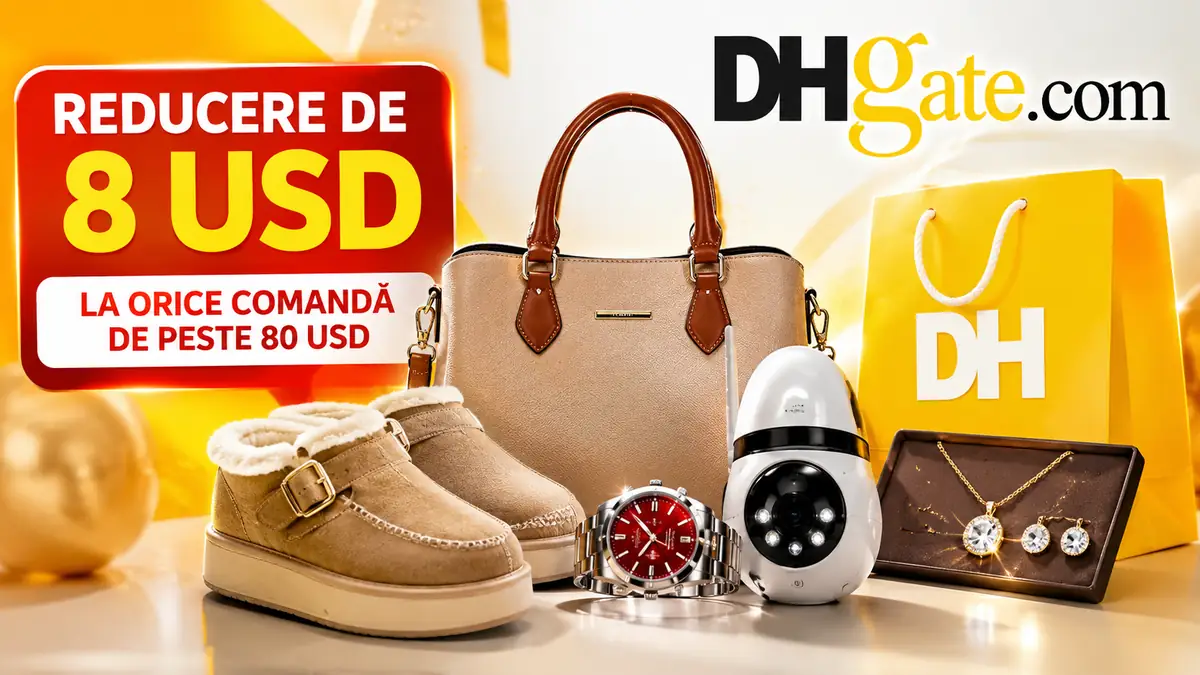 Ofertă DHGate cu reducere de 8 USD, prezentată alături de geantă, încălțăminte, ceas, cameră și bijuterii.
