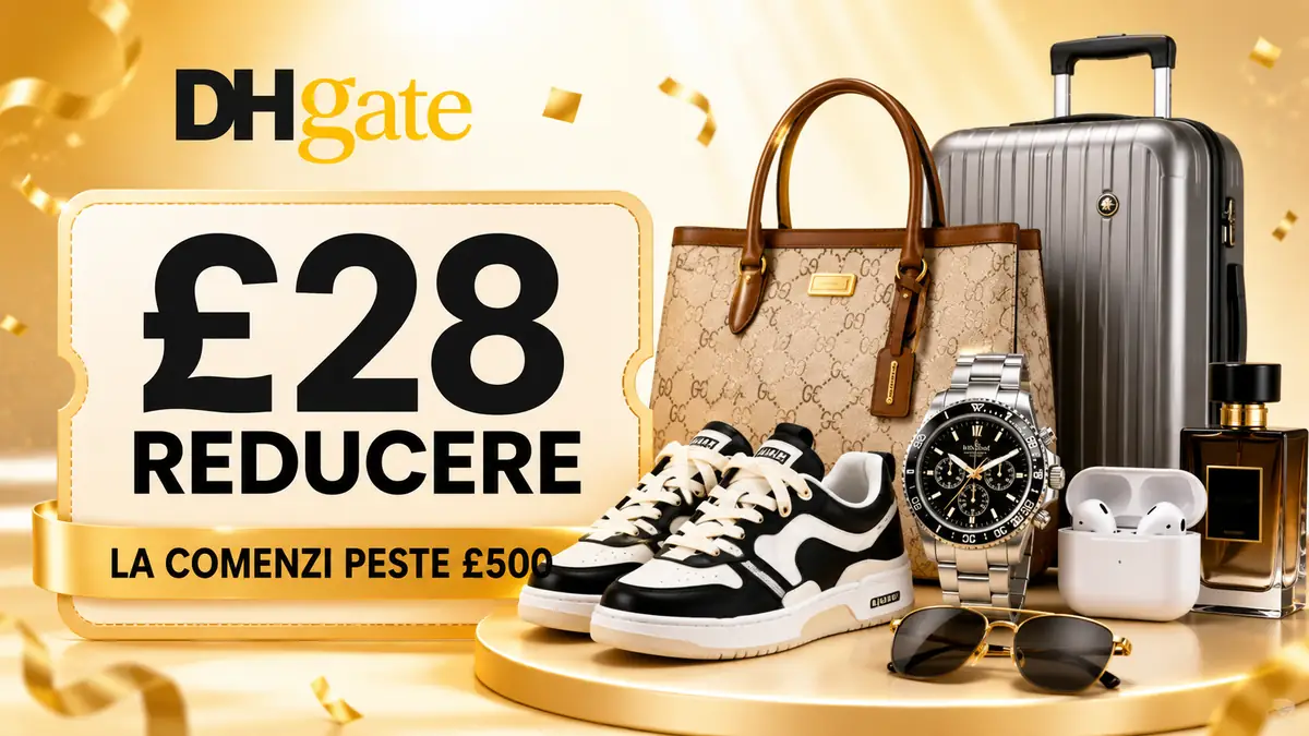 Banner DHGate cu reducere de £28 la comenzi peste £500, alături de geantă, pantofi, ceas, căști și parfum.