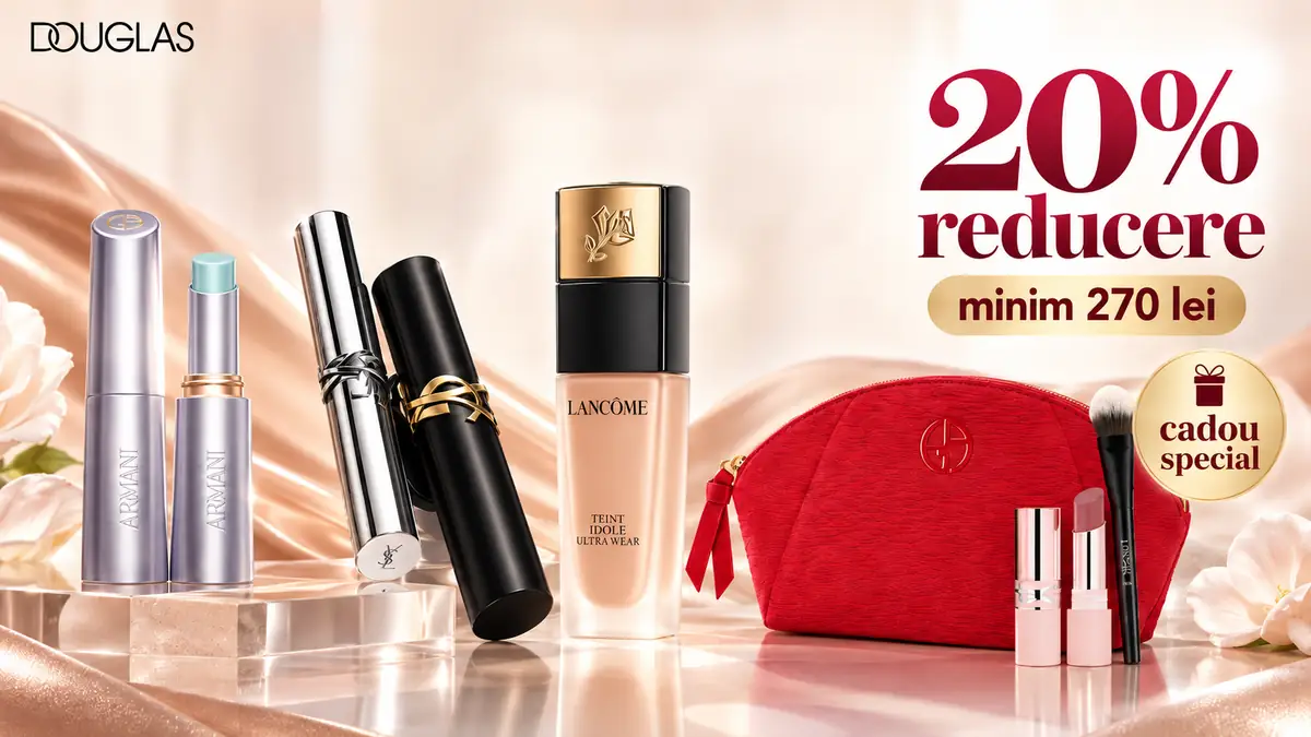 Machiaj Lancôme, YSL și Armani, trusă roșie cadou și text 20% reducere, minim 270 lei.