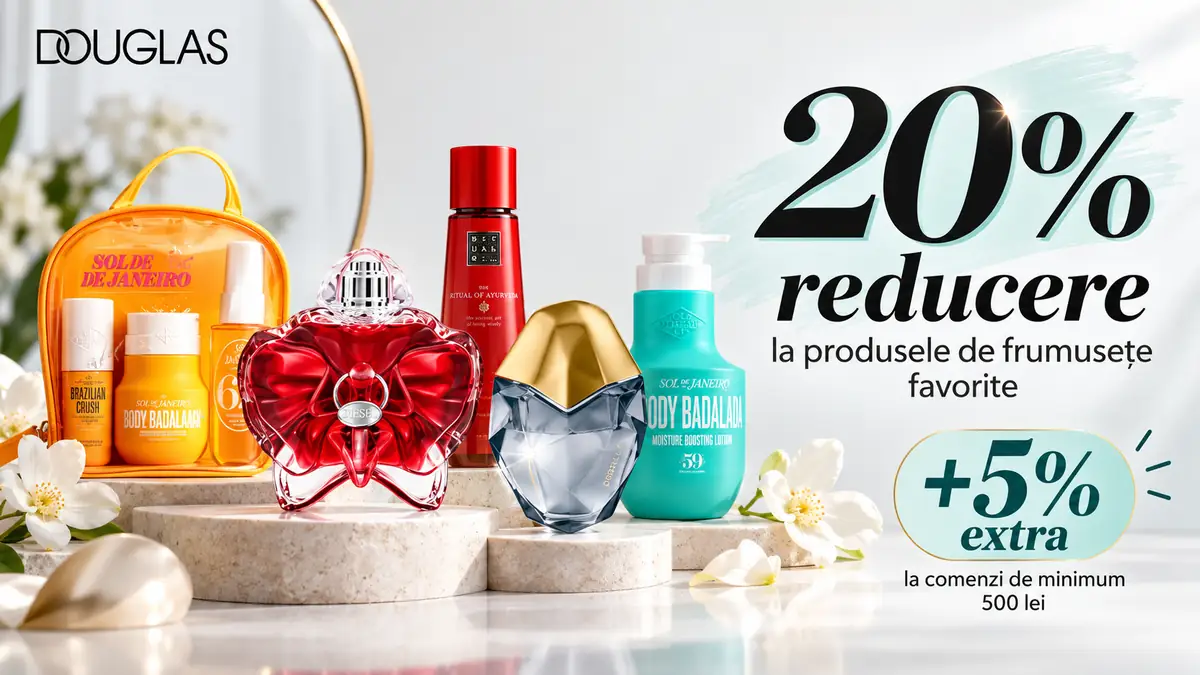 Produse de frumusețe Douglas, inclusiv parfumuri și loțiuni, promovate cu 20% reducere și 5% extra.