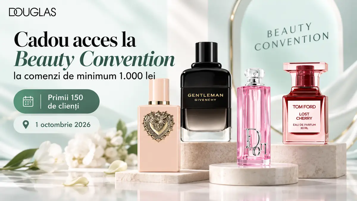 Patru parfumuri pe fundal elegant, cu logo Douglas și mesaj pentru acces cadou la Beauty Convention.