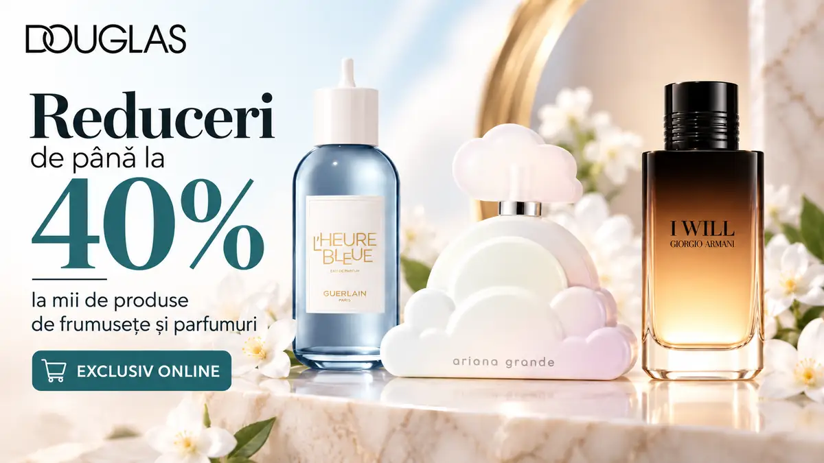 Promoție Douglas cu trei parfumuri, flori albe și text „Reduceri de până la 40%”, exclusiv online.