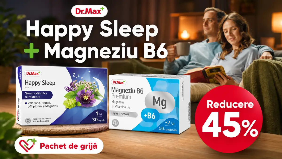 Pachet Dr. Max Happy Sleep și Magneziu B6, cuplu relaxat acasă și insignă roșie cu reducere 45%.