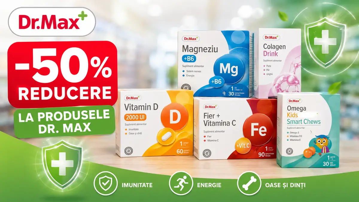 Banner Dr. Max cu -50% reducere și cinci suplimente afișate pe fundal de farmacie.