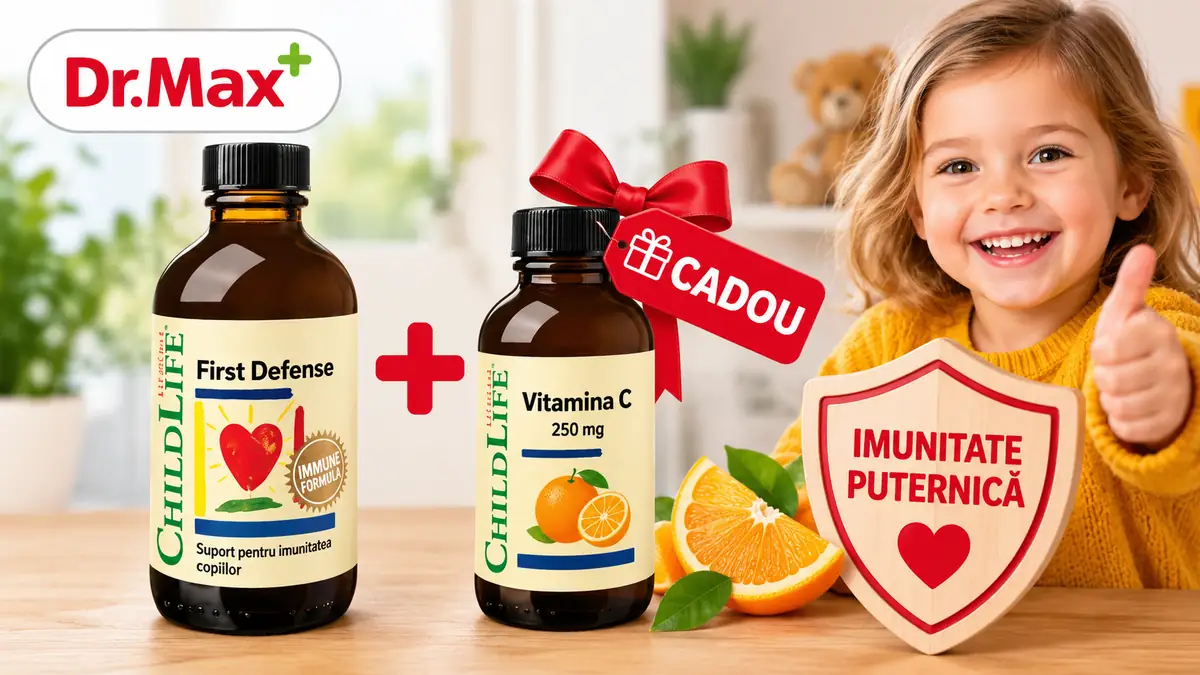 First Defense și Vitamina C cadou, alături de o fetiță zâmbitoare și mesajul „Imunitate puternică”.