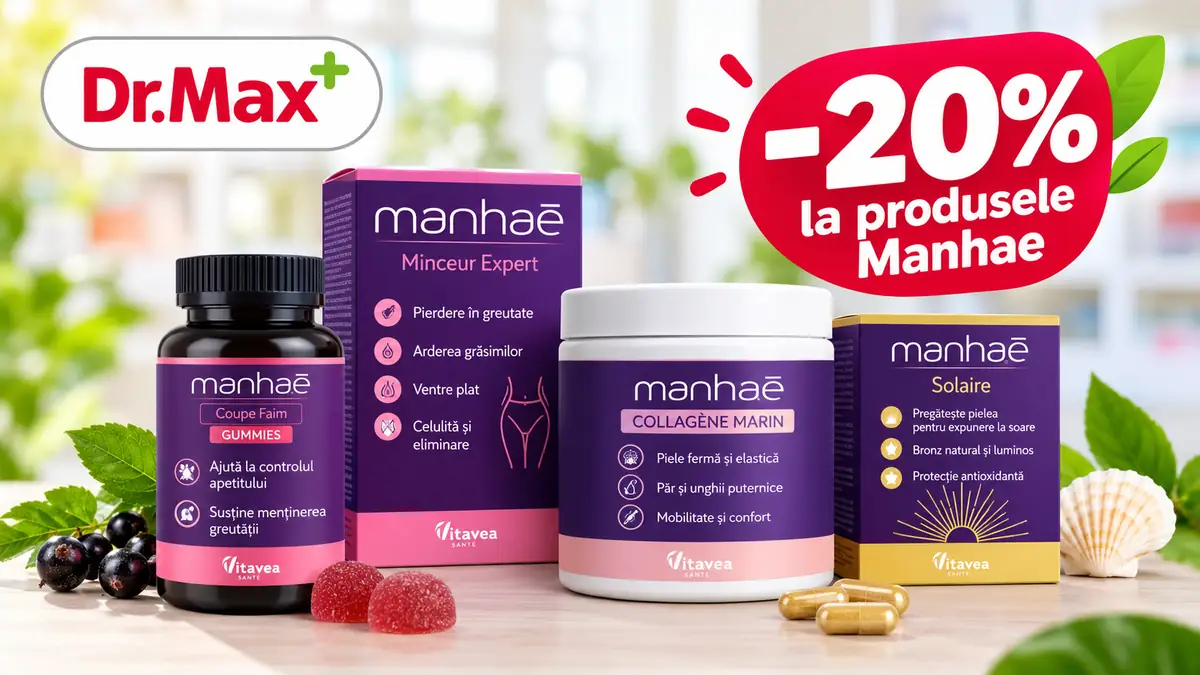 Produse Manhae pentru slăbit, colagen și protecție solară, alături de sigla Dr.Max și reducere de 20%.
