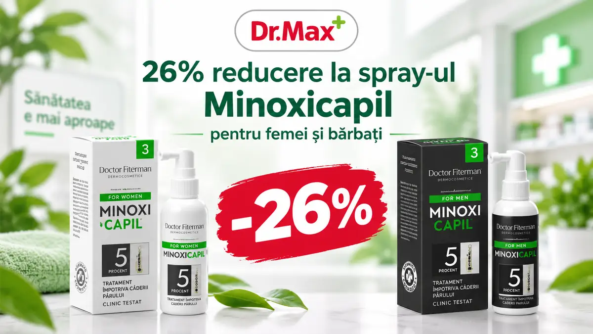 Spray-uri Minoxicapil pentru femei și bărbați, produse Dr. Max, cu reducere de 26%.