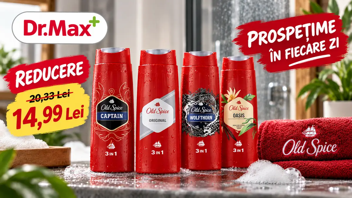 Geluri de duș Old Spice roșii, alături de logo-ul Dr.Max și mesajul „Prospețime în fiecare zi”.