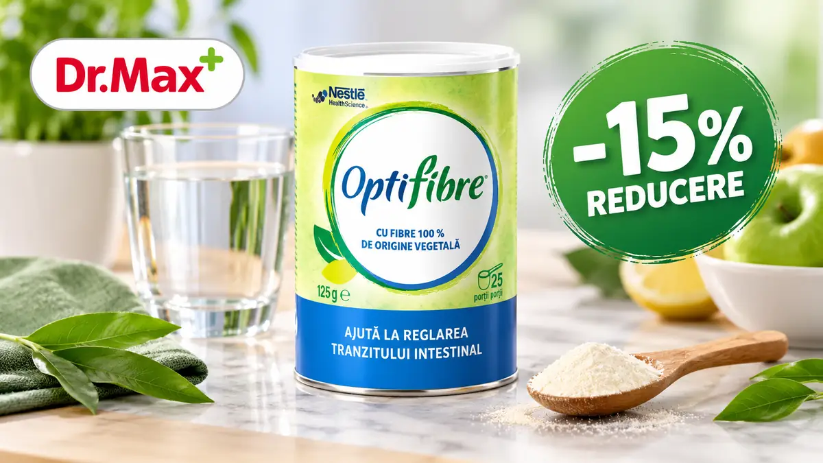 Recipient OptiFibre 125 g, pahar cu apă, lingură cu pudră, logo Dr.Max și insignă „-15% reducere”.