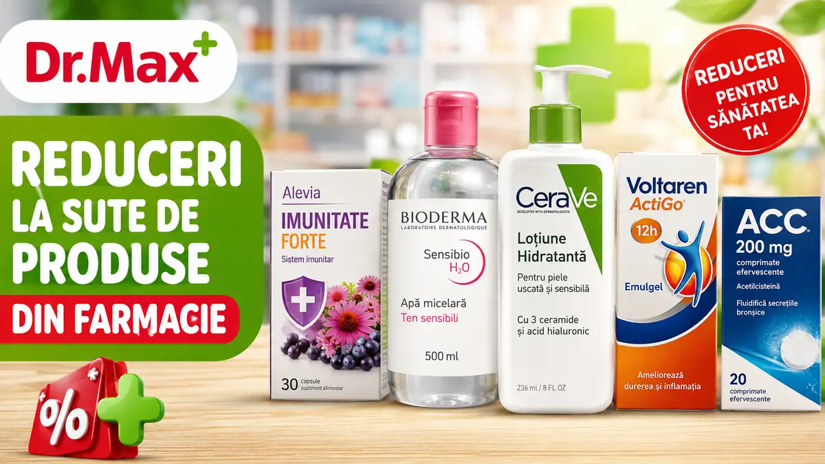Promo Dr. Max cu produse farmaceutice pe tejghea și mesaj mare despre reduceri la sute de produse.