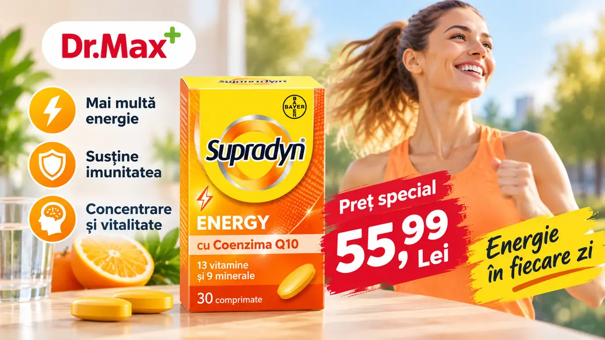 Supradyn Energy cu Coenzima Q10, preț special 55,99 lei la Dr. Max, alături de o femeie alergând.
