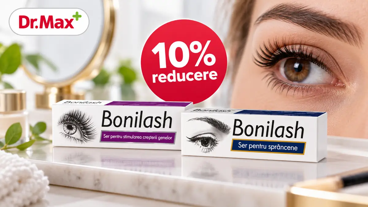 Produse Bonilash pentru gene și sprâncene, logo Dr. Max, reducere 10% și prim-plan cu un ochi.