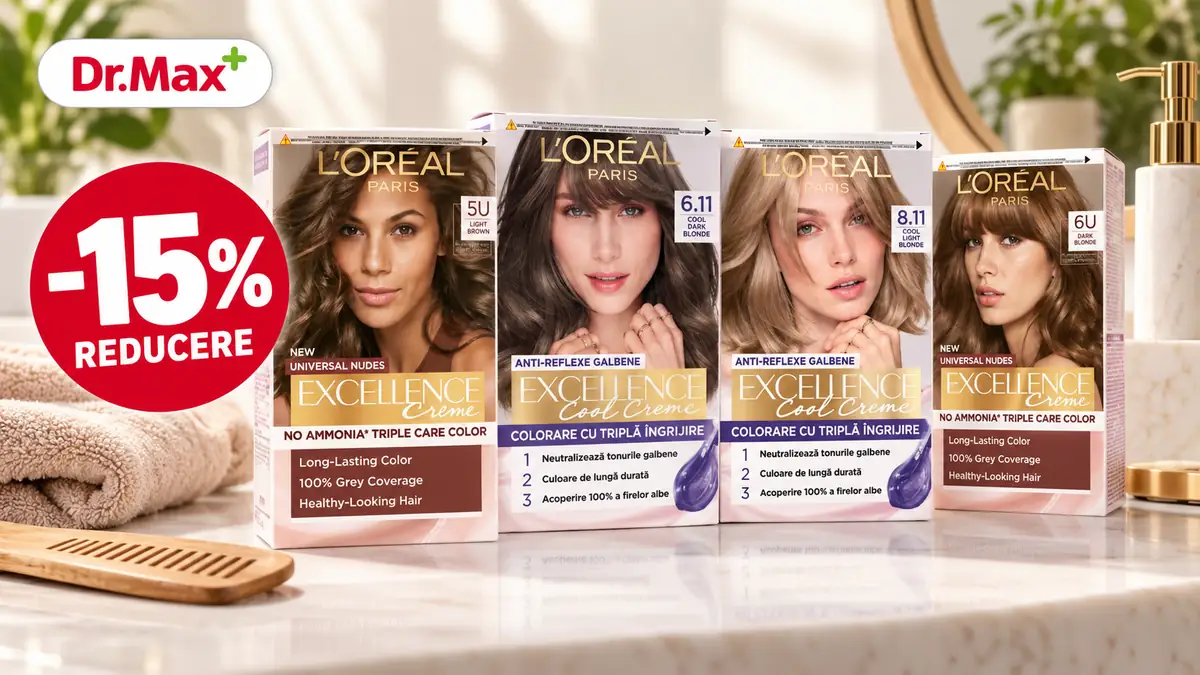 Patru cutii L’Oréal Paris Excellence pe blat de baie, cu logo Dr.Max și reducere de 15%.