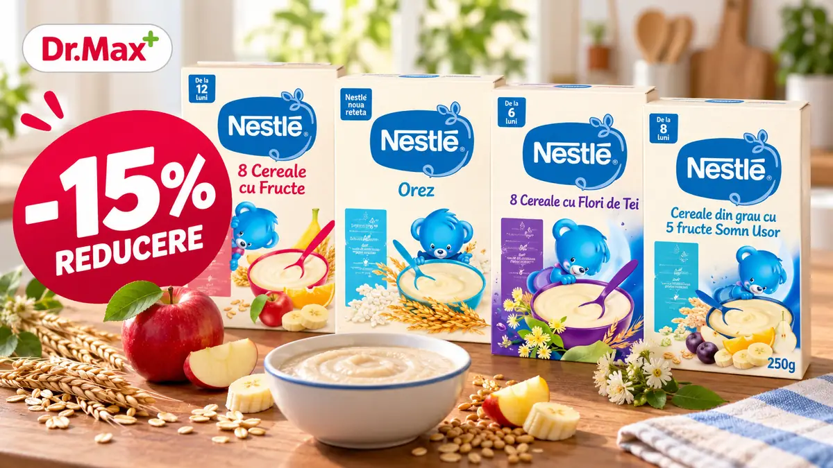 Patru cutii de cereale Nestlé, bol cu cereale, fructe și grâu, alături de logo Dr.Max și reducere de 15%.
