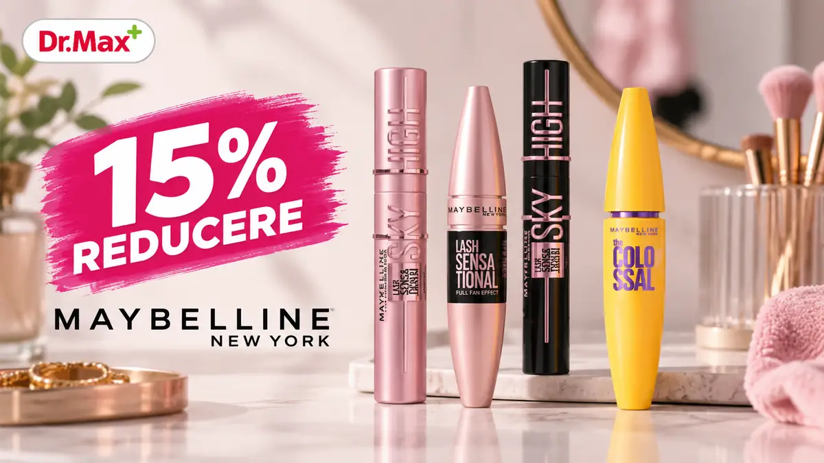 Patru rimeluri Maybelline lângă logo-ul Dr.Max și textul 15% reducere, pe un fundal roz de machiaj.