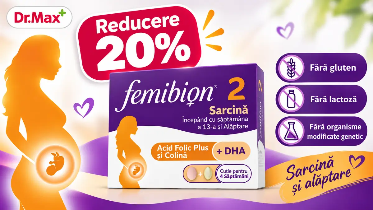 Femibion 2 pentru sarcină și alăptare, cu reducere 20%, logo Dr.Max și beneficii fără gluten și lactoză.