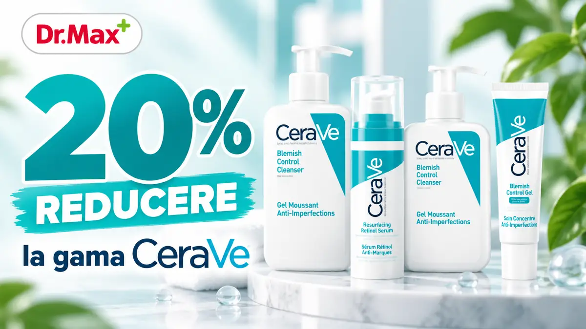 Banner Dr. Max cu 20% reducere la gama CeraVe și patru produse anti-imperfecțiuni pe fundal alb-turcoaz.