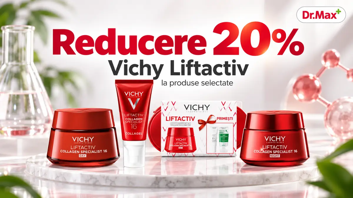 Produse Vichy Liftactiv roșii pe fundal luminos, cu mesajul „Reducere 20%” și logo Dr. Max.