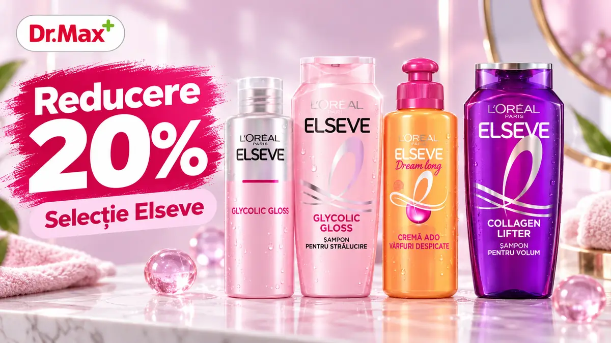Produse Elseve pentru păr, în nuanțe roz, portocaliu și mov, alături de mesajul Reducere 20% la Dr. Max.