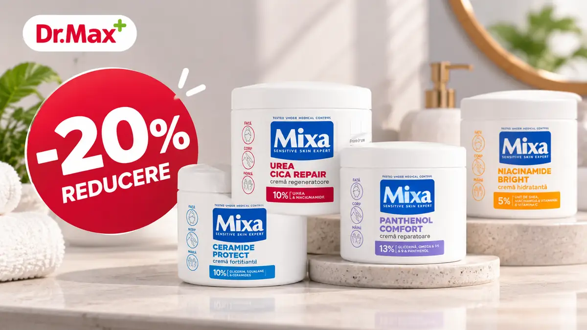 Patru creme Mixa pe blat de baie, lângă un cerc roșu cu -20% reducere și logo-ul Dr.Max.