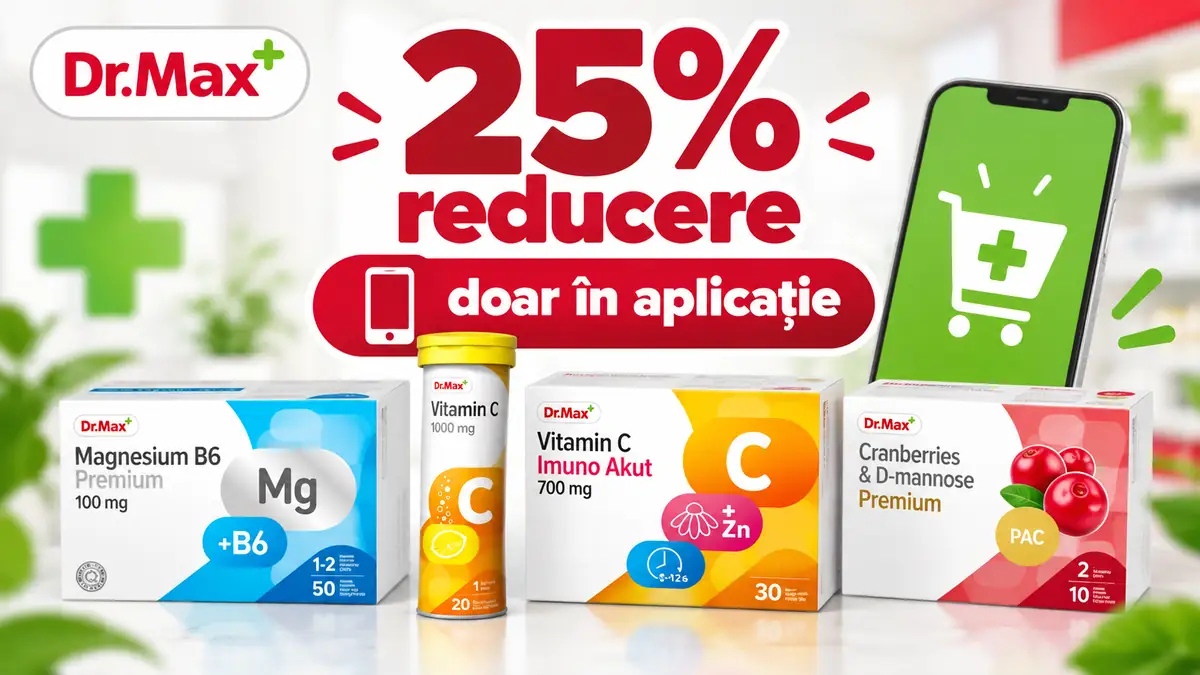Produse Dr.Max, telefon cu aplicația și mesajul „25% reducere, doar în aplicație” pe fundal de farmacie.