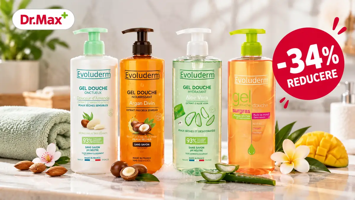 Patru geluri de duș Evoluderm într-un decor de baie, cu logo Dr.Max și insignă roșie „-34% reducere”.
