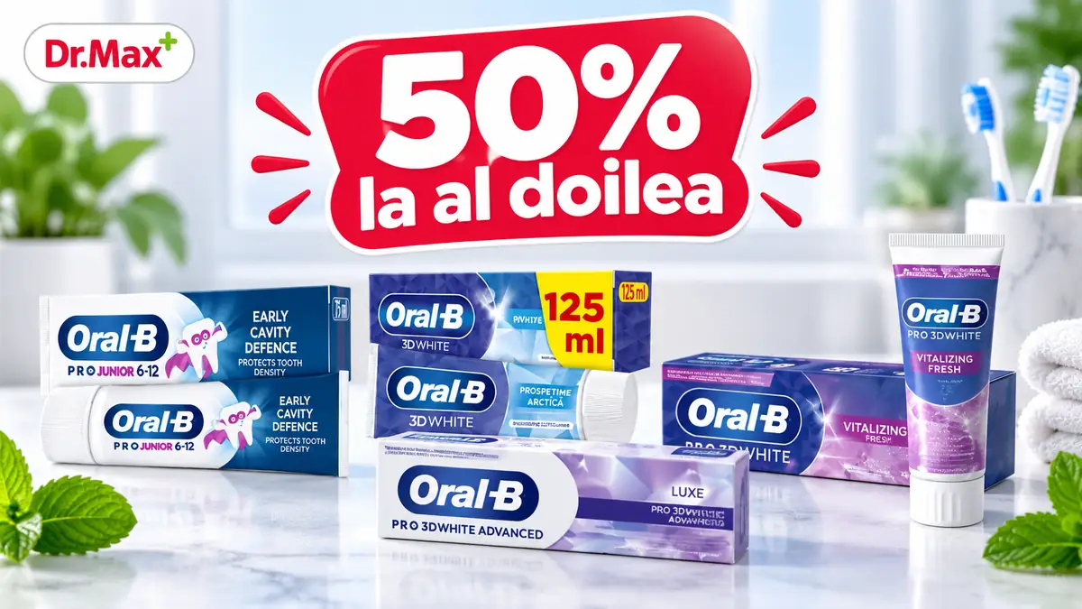 Paste de dinți Oral-B, logo Dr. Max și mesajul „50% la al doilea”, într-un decor luminos de baie.