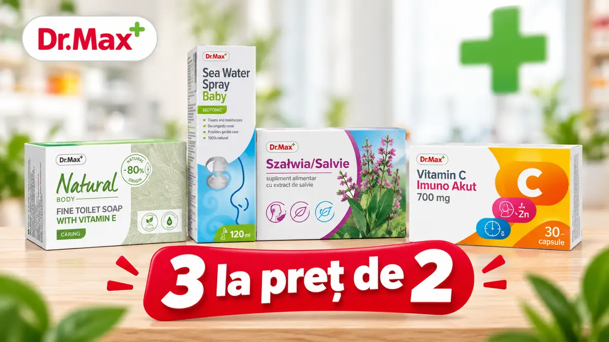 Patru produse Dr. Max pe masă, cu logo Dr. Max și mesajul promoțional 3 la preț de 2.