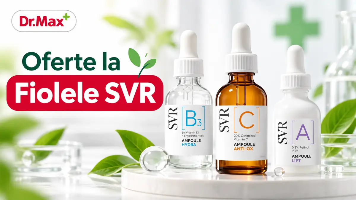 Oferte la fiolele SVR Dr. Max, cu trei seruri B3, vitamina C și retinol, pe fundal alb cu accente verzi.