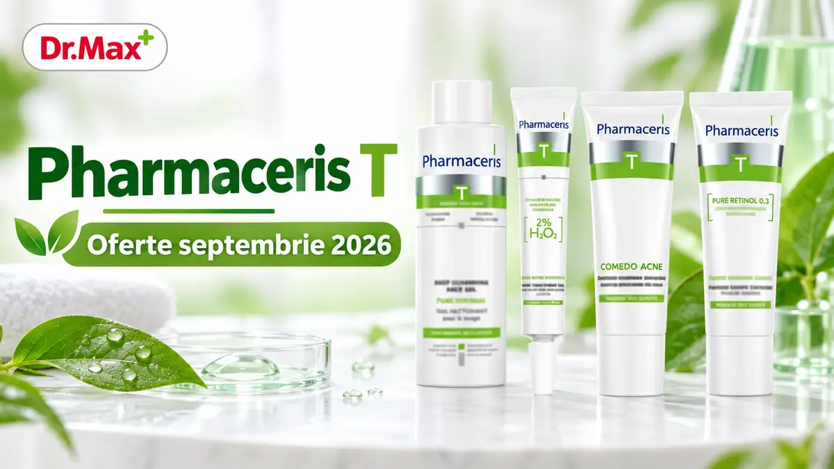 Produse Pharmaceris T pentru îngrijirea tenului, alături de logo Dr. Max și textul „Oferte septembrie 2026