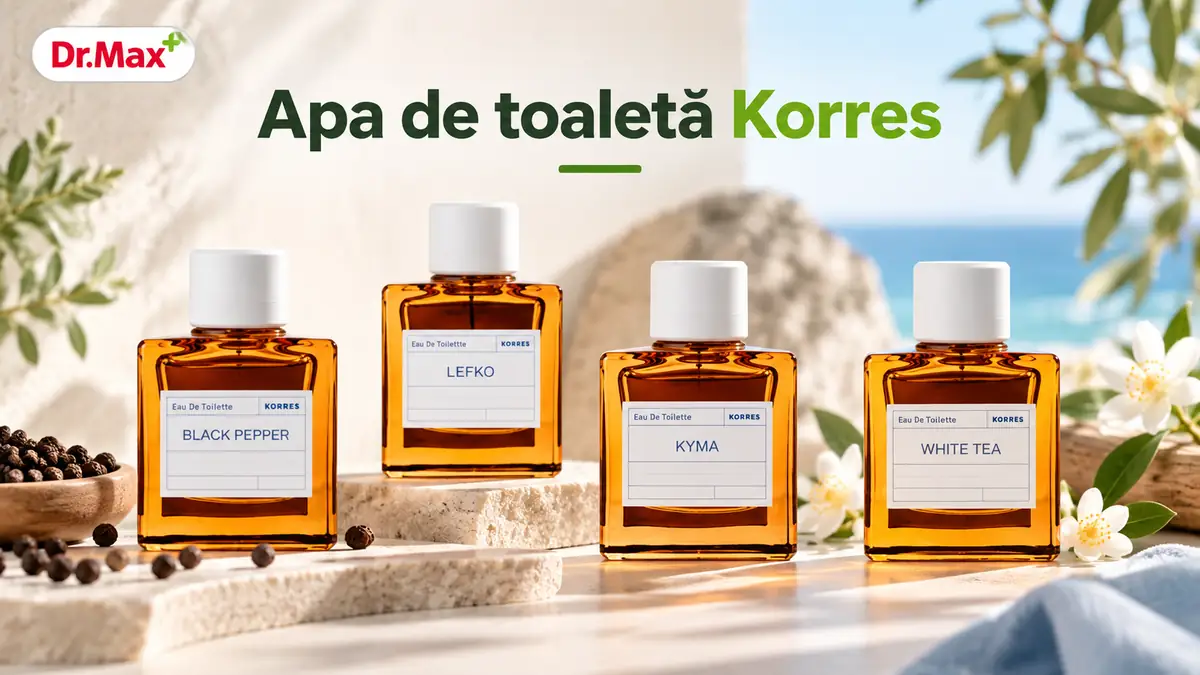 Patru parfumuri Korres în sticle chihlimbarii, cu logo Dr. Max și decor mediteranean cu flori și piper.