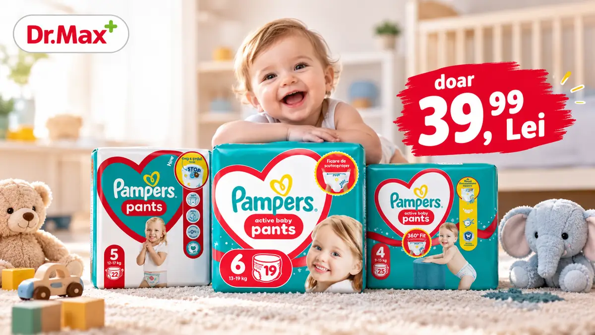 Bebeluș zâmbitor lângă trei pachete Pampers Active Baby, logo Dr. Max și prețul 39,99 lei.