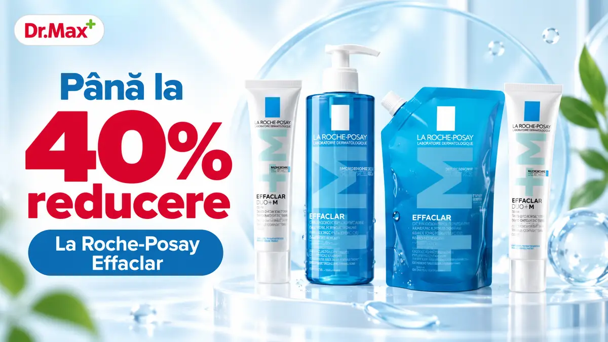 Produse La Roche-Posay Effaclar, logo Dr. Max și mesajul „Până la 40% reducere” pe fundal albastru.