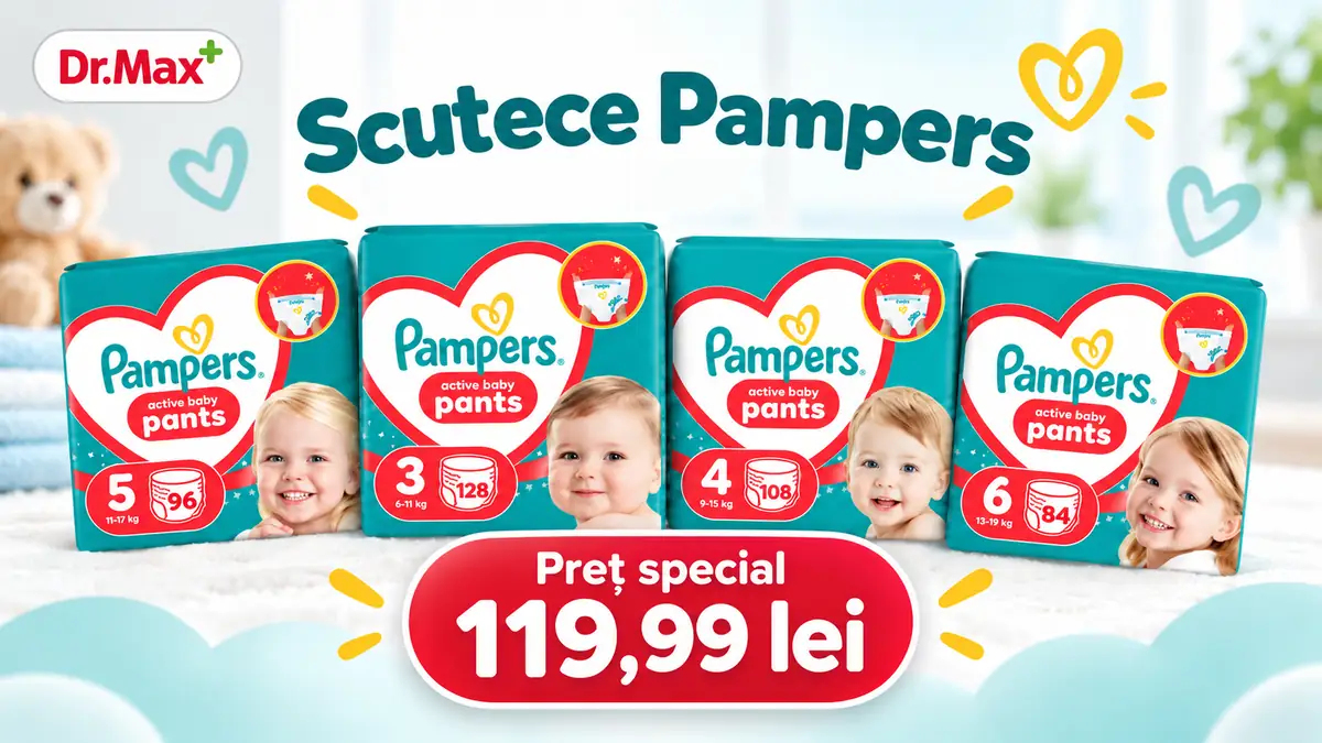 Patru pachete Pampers Active Baby Pants, logo Dr. Max și etichetă roșie cu preț special 119,99 lei.