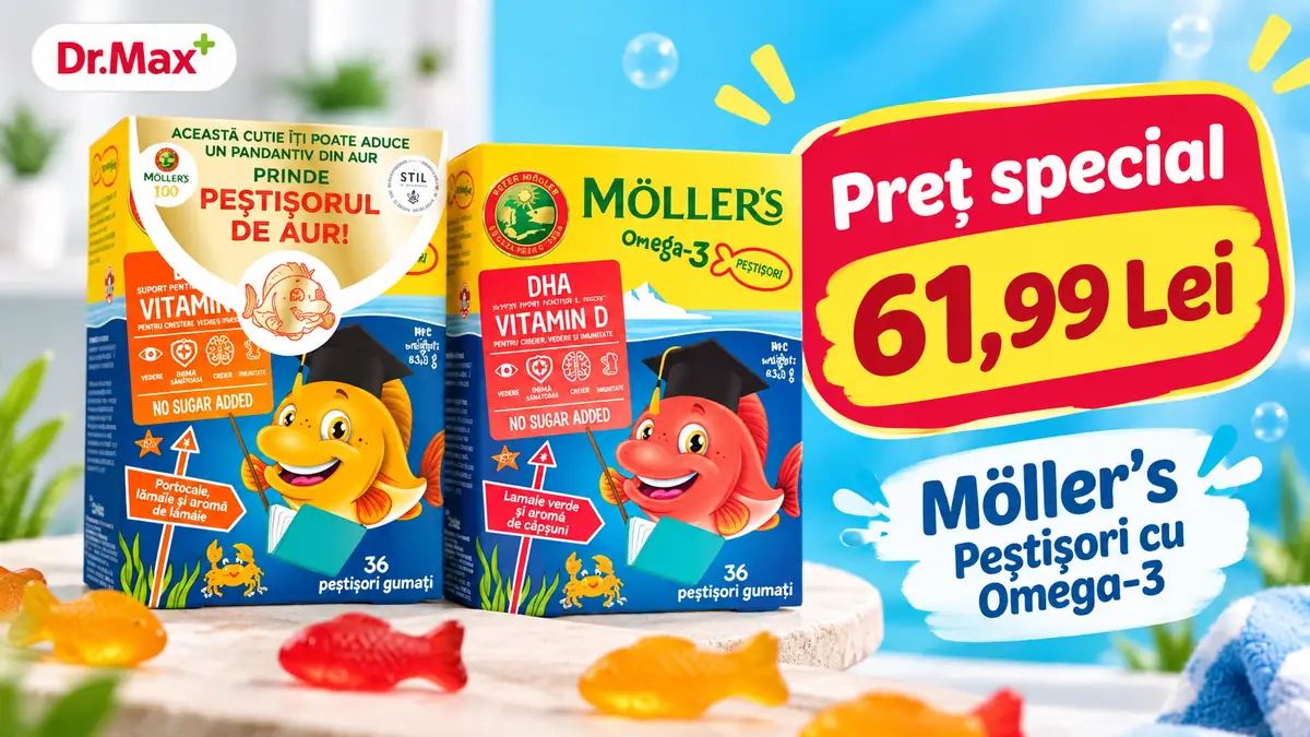 Două cutii Möller’s Peștișori cu Omega-3, jeleuri colorate, logo Dr.Max și preț special 61,99 lei.