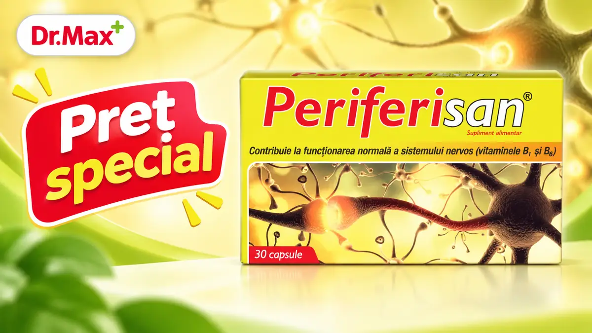 Cutie Periferisan 30 capsule, logo Dr.Max și etichetă roșie „Preț special”, pe fundal galben-verde cu neuroni.