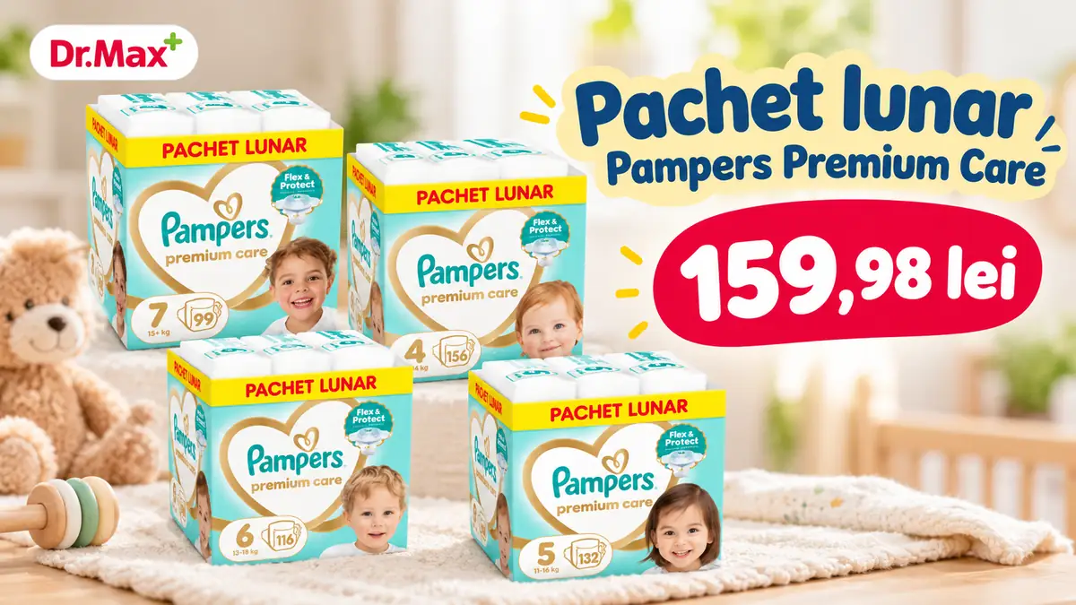 Patru pachete lunare Pampers Premium Care la 159,98 lei, cu logo Dr. Max, pe fundal de cameră pentru copii.