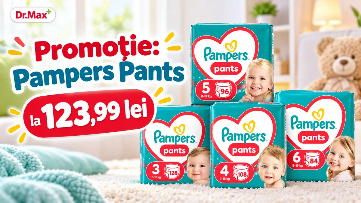 Promoție Dr. Max: patru pachete de scutece Pampers Pants, mărimile 3, 4, 5 și 6, la prețul de 123,99 lei.