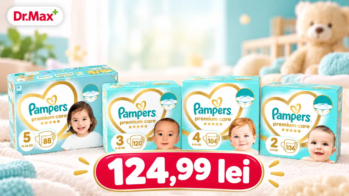 Patru cutii Pampers Premium Care Mega Box, logo Dr. Max și prețul promoțional de 124,99 lei, pe fundal de cameră pentru copii.
