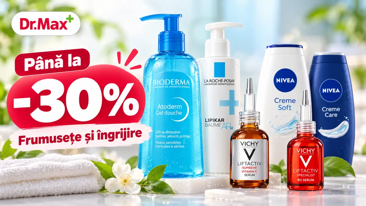 Promoție Dr. Max cu reduceri de până la 30% la produse de îngrijire Bioderma, La Roche-Posay, Vichy și Nivea.