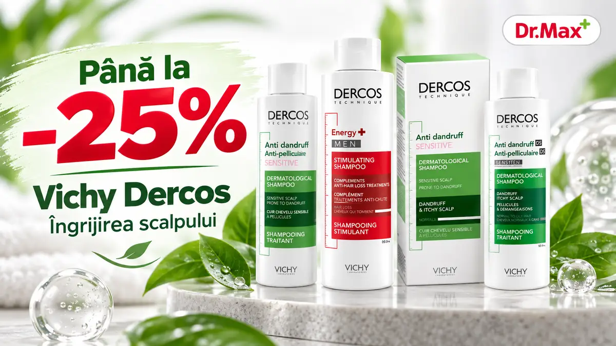Produse Vichy Dercos pe fundal verde-alb, cu reducere de până la 25% și logo Dr. Max.