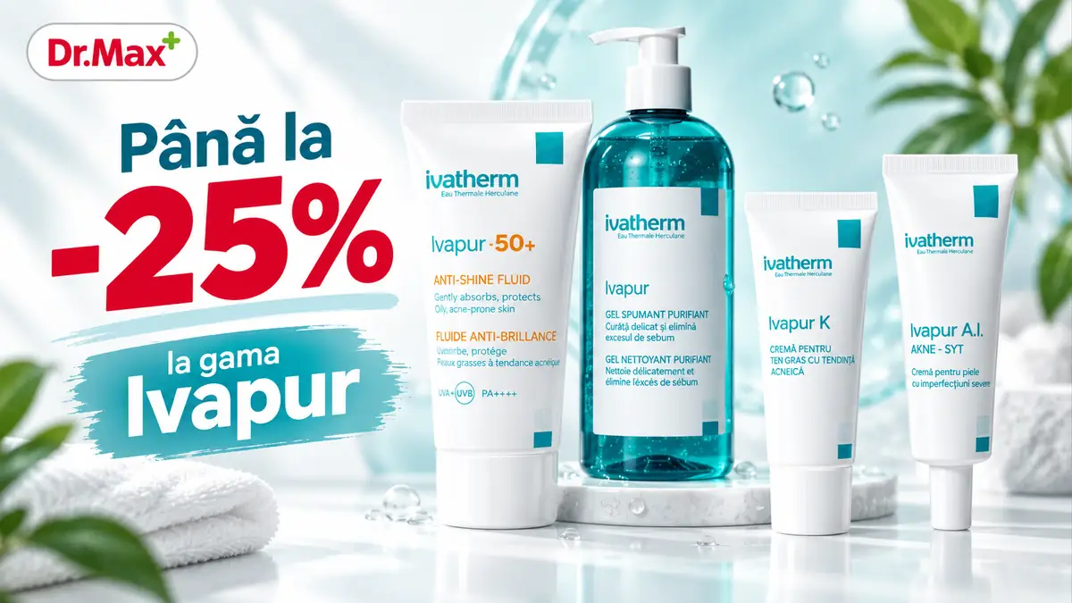 Produse Ivapur de la Ivatherm, logo Dr.Max și mesajul „Până la -25%”, pe fundal alb-turcoaz.