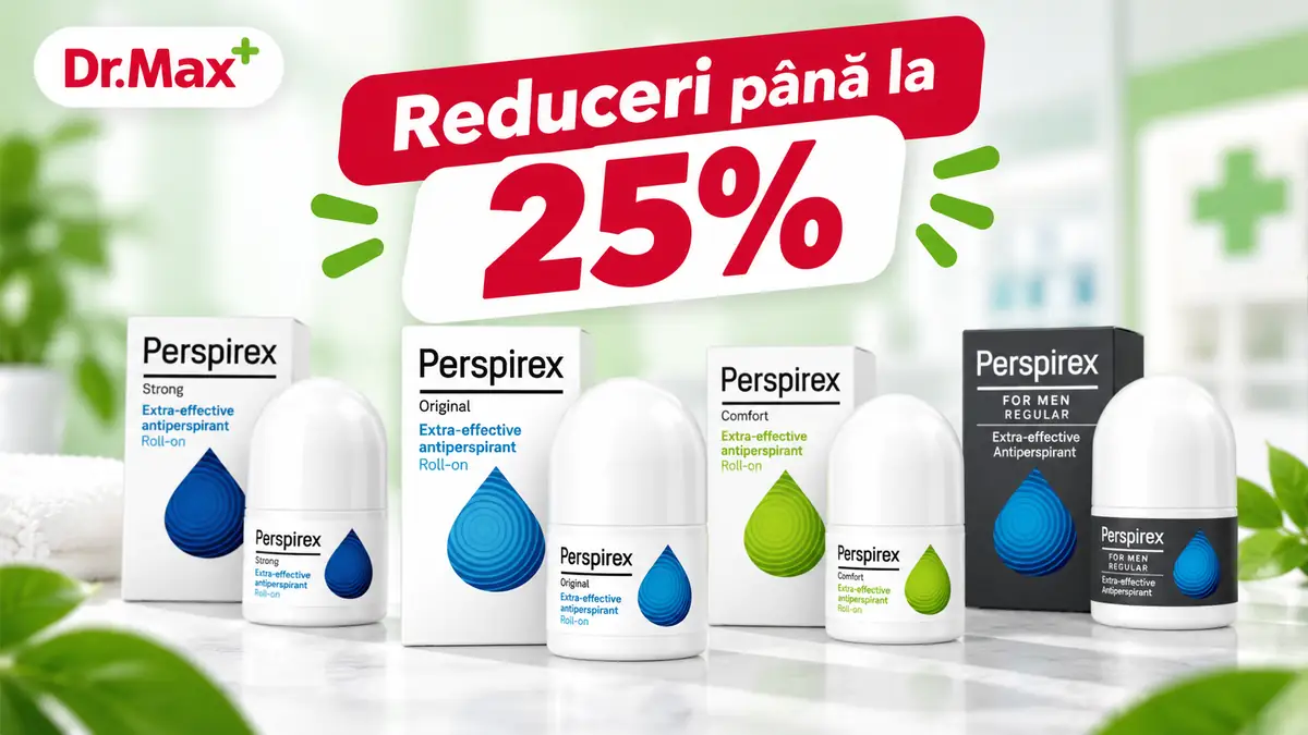 Produse Perspirex Strong, Original, Comfort și For Men, cu logo Dr. Max și mesaj „Reduceri până la 25%”.