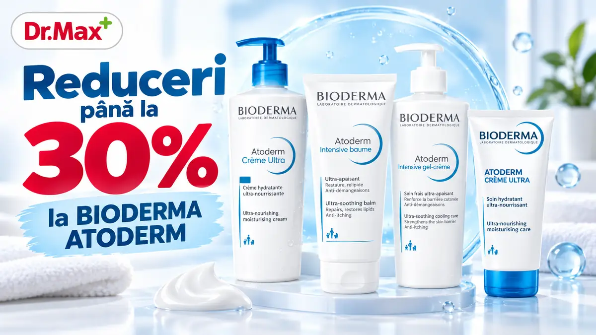 Produse Bioderma Atoderm, logo Dr. Max și text „Reduceri până la 30%”, pe fundal alb-albastru cu apă.
