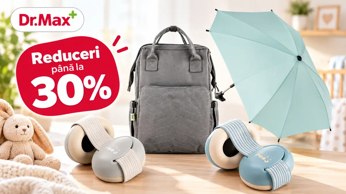 Produse Reer pentru bebeluși: rucsac gri, două căști antifonice și umbrelă bleu, cu reducere de până la 30%.