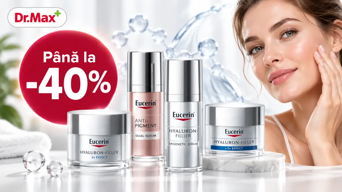 Produse Eucerin Anti-age, logo Dr. Max, reducere până la 40% și o femeie atingându-și obrazul.