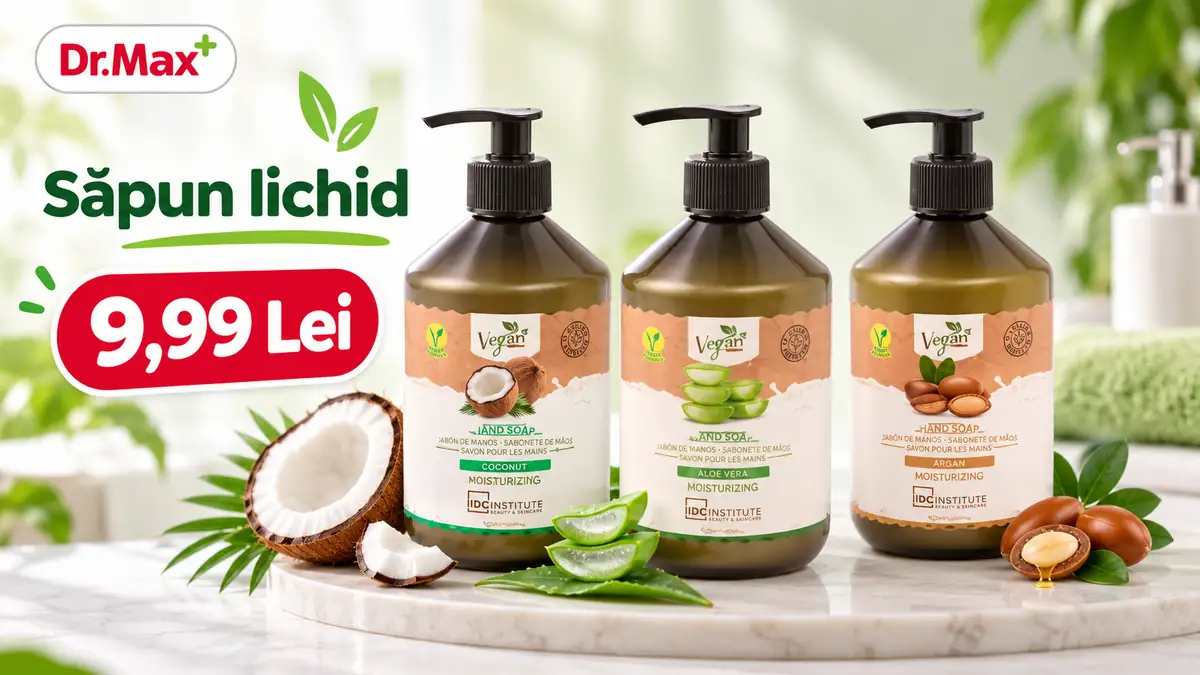 Trei săpunuri lichide IDC Institute, cu cocos, aloe vera și argan, la Dr. Max, preț 9,99 lei.